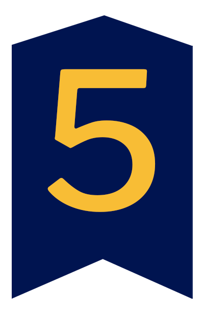 Blue chevron shape, with gold #5 in the center