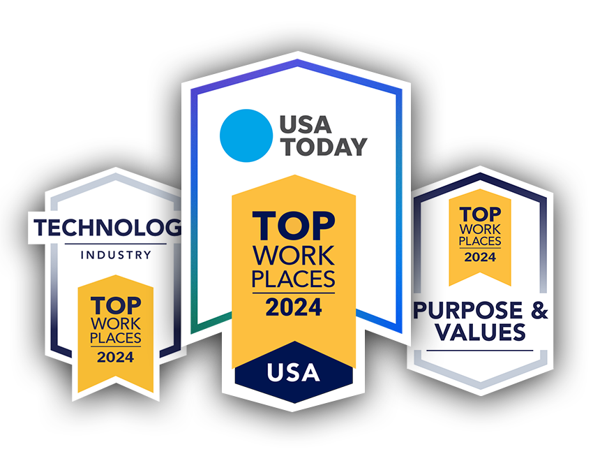 Image of overlapping Top 官方实时认证的极速一分钟赛车最新数据直播查询官网 Workplaces USA Today Award badge, Technology Industry Award badge, and Purpose & Values Culture Excellence Award badge