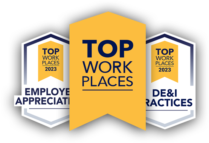 Image of overlapping Top Workplaces logo, Employee Appreciation award, and DE&I Best Practices Award